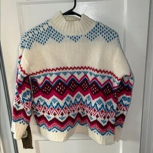 LOFT Cream and Blue Patterned Turtleneck Sweater